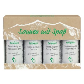 BERGLAND Saunen mit Spaß - Saunaaufguss Konzentrat Set 4 x 50ml (Eis-Minze / Alpenkräuter / Nordische Fichte / Sunny Orange)